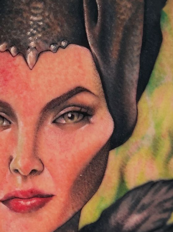Color portrait tattoo of a villainess with horns